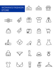 a collection of icons related to women's fashion stores. Clothing icons, dresses, cosmetics, and shopping items at the boutique. A line icon for women's fashion and beauty.