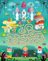 Vector illustration. Fun game labyrinth, maze for Children. Which gnome lives in which mushroom house?
