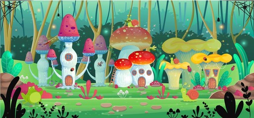 Background for games and mobile applications. Mushroom houses. Vector illustration.