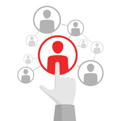 Networking concept - vector flat icon with hand showing forefinger on people avatar - social media or community illustration