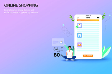 Concept of online shopping, young man is sitting in front of tablet that the display contain list of products and discount rate to order a new shirt in pastel color background.