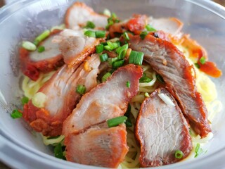 BBQ pork with egg noodles on a plastic bowl Selective focus.