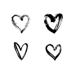 Hand drawn black heart silhouettes set with grunge brush and pencil (chalk or charcoal) texture. Vector illustration made by tracing. White background.