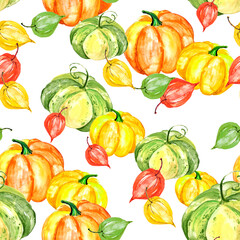 Watercolor, vintage seamless pattern with the image of a pumpkin. physalis, autumn leaves watercolor. Background can be used for Halloween