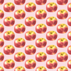 Watercolor hand-drawn seamless pattern with fresh red apples.