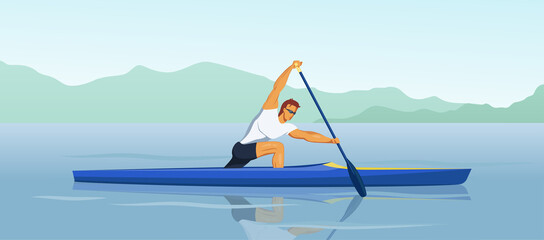 Sports male athlete trains on a kayak. In a pose with support on one knee, he paddles. Canoe training in the middle of a picturesque river. Vector flat design character illustration.