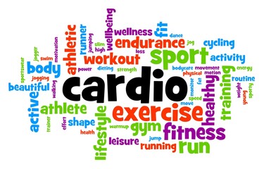 Fototapeta premium Wordcloud of tags connected with cardio exercise with long periods of medium heart pulse rate