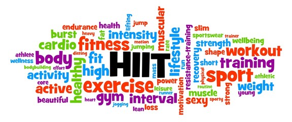 Wordcloud of tags connected with HIIT (High Intensity Interval Training) exercise which improvest both endurance and muscle mass to lose body fat