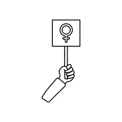 protesting concept, hand holding up a placard with female gender symbol, line style