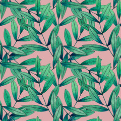 Tropical watercolor seamless floral pattern with marigold green leaves. Botanical illustration.On pink background.Can be used for textiles, fabrics,bedclothes, wallpaper, wrapping paper,packaging.