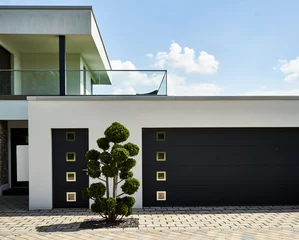 Fotobehang Entrance and garage of a house in minimalist design, with an unnaturally trimmed tree © Frank