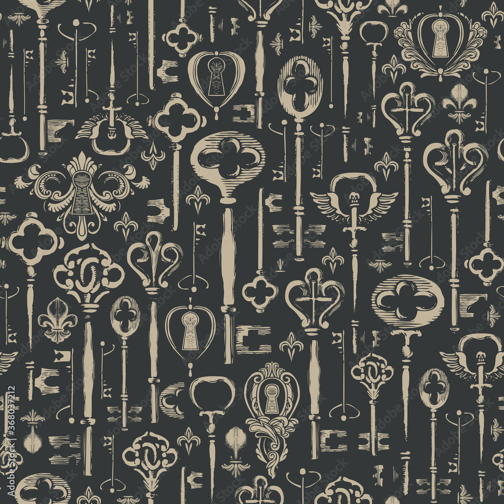 Poster decorative seamless pattern with vintage hand-drawn keys and keyholes in retro style