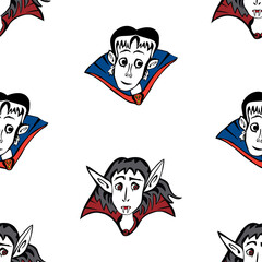 Seamless pattern of faces fairytale cartoon vampires