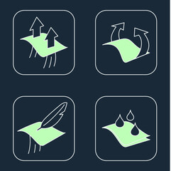 Garment properties icons. Waterproof, Sun protection, Breathable, Membrane, Waterproof, Solar protection, Water resistant