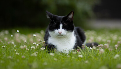 Cat sleeping in the garden of a stone house.