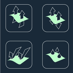 Garment properties icons. Waterproof, Sun protection, Breathable, Membrane, Waterproof, Solar protection, Water resistant