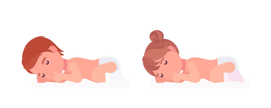 Toddler child, little boy and girl sleeping calm, sucking finger. Cute sweet happy healthy baby, children aged 12 to 36 months, wearing diaper and white socks. Vector flat style cartoon illustration