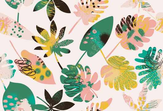 Exotic abstract tropical pattern with bright colorful leaves and plants on pastel background. Trendy seamless exotic pattern with tropical plants. 