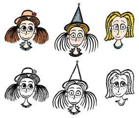 Vector drawings of faces various funny cartoon girls