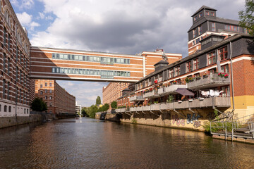 View from the river Weisse Elster on restored houses in Leipzig. Saxony. Germany
