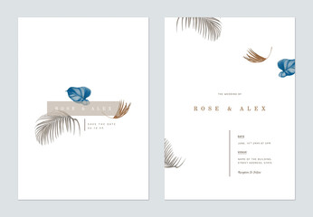 Minimalist foliage wedding invitation card template design, brown and blue leaves on white