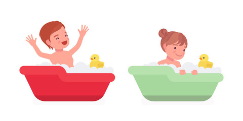 Toddler child, little boy and girl enjoying bath time. Cute sweet happy healthy baby, children aged 12, 36 months, playing with water, foam, yellow rubber duck. Vector flat style cartoon illustration