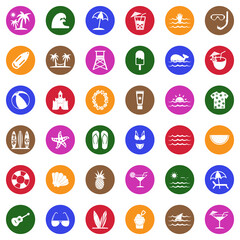 Beach Icons. White Flat Design In Circle. Vector Illustration.