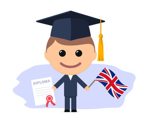 Cartoon graduate with graduation cap holding diploma and flag of the UK
