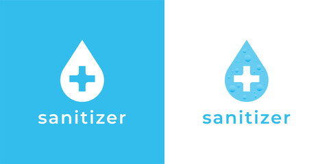 Sanitizer water drop with medical cross bottle label icon. Wash hands sanitation symbol. Hygiene care liquid sign. Vector illustration.