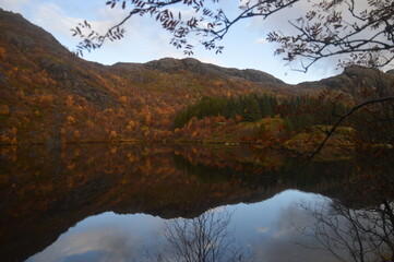 Autumn colors and reflections in the Norwegian fjords and mountains over Lofoten, Norway