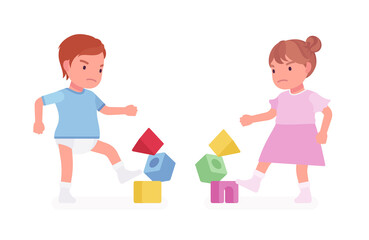 Toddler child, little boy and girl playing with stacking cubes and breaking tower. Cute sweet happy healthy baby aged 12 to 36 months wearing tee shirt, dress. Vector flat style cartoon illustration