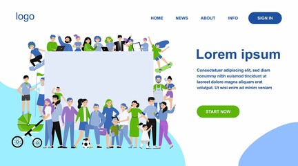 Crowd of happy people with blank placard flat vector illustration. Cartoon multicultural men and women standing together. Community, society and population concept