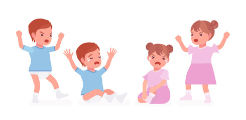 Toddler child, little boy, girl expressing bad emotions, crying in tears. Cute sweet sad healthy baby aged 12 to 36 months wearing blue tee shirt, dress, diaper. Vector flat style cartoon illustration