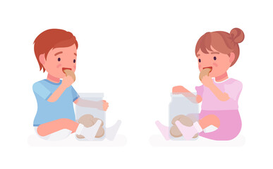 Toddler child, little boy and girl eating cookies from jar. Cute sweet happy healthy baby, children aged 12 to 36 months, wearing blue tee shirt, diaper, dress. Vector flat style cartoon illustration