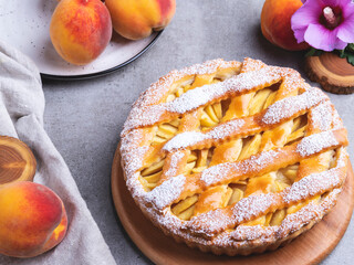 Rustic homemade peach pie, close up