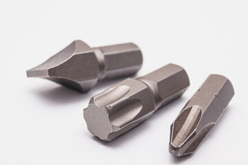 Wrenches close-up on a white background. Chrome plated wrenches. Wrenches of different sizes and types..