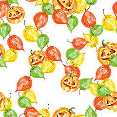 Orange pumpkin watercolor. Pumpkin for Halloween, for a holiday. Night party. Sinister pumpkin. physalis, autumn leaves. On isolated background. Watercolor seamless pattern for halloween.