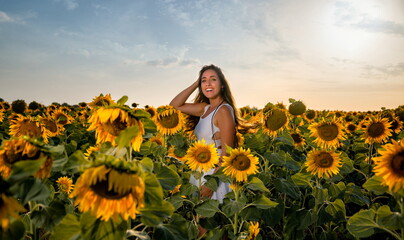 Fototapeta na wymiar Woman among sunflowers in white dress and smiling at sunset