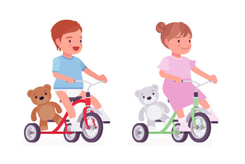 Toddler child, little boy and girl riding a tricycle with teddy bear. Cute sweet happy healthy baby, small children aged 12 to 36 months. Vector flat style cartoon illustration, white background