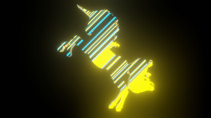 Illustration graphic of colorful lining texture or pattern formation on the majestic unicorn body shape, isolated on black background. 3d rendering abstract loop neon lighting effect on unicorn.