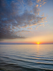 The picture was taken in Energodar, Ukraine on July 25, 2020 on the bank of the Dnipro river on a summer morning at dawn