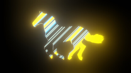 Illustration graphic of colorful lining texture or pattern formation on the horse body shape, isolated on black background. 3d rendering abstract loop neon lighting effect on horse shape.