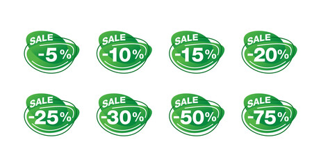 Sale tag or sticker for summer or spring sales in in eco-friendly style with different percentage - 5, 10, 15, 20, 25, 30 50 and 75