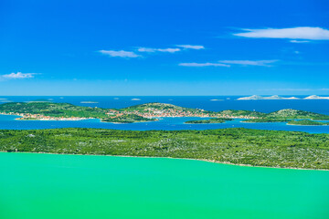 Spectacular landscape on Adriatic sea in Croatia, panoramic view of ornithological nature park Vrana lake (Vransko jezero). Murter archipelago in background.