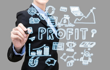 Young business woman writing profit idea concept present by icon symbol element. Elegant Design for business and financial concept