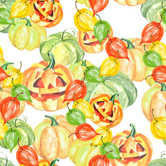 Orange pumpkin watercolor. Pumpkin for Halloween, for a holiday. Night party. Sinister pumpkin. physalis, autumn leaves. On isolated background. Watercolor seamless pattern for halloween.