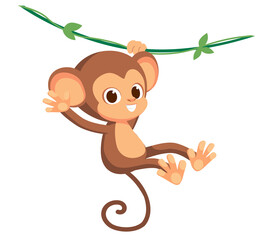 Cute baby monkey hanging on tree. A cute monkey swinging from vines, lianes. Vector illustration. Flat design. © olgache