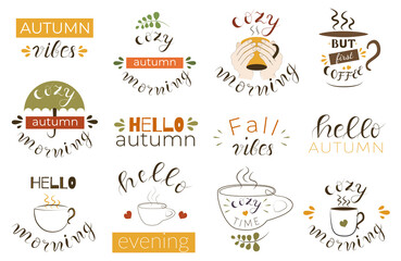 Set of 12 hand drawn fall quotes. Autumn lettering phrases with cute elements and lineart vector illustration.