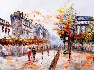 Oil Painting - Street View of Paris - obrazy, fototapety, plakaty