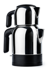 Metal double tea kettle isolated on white